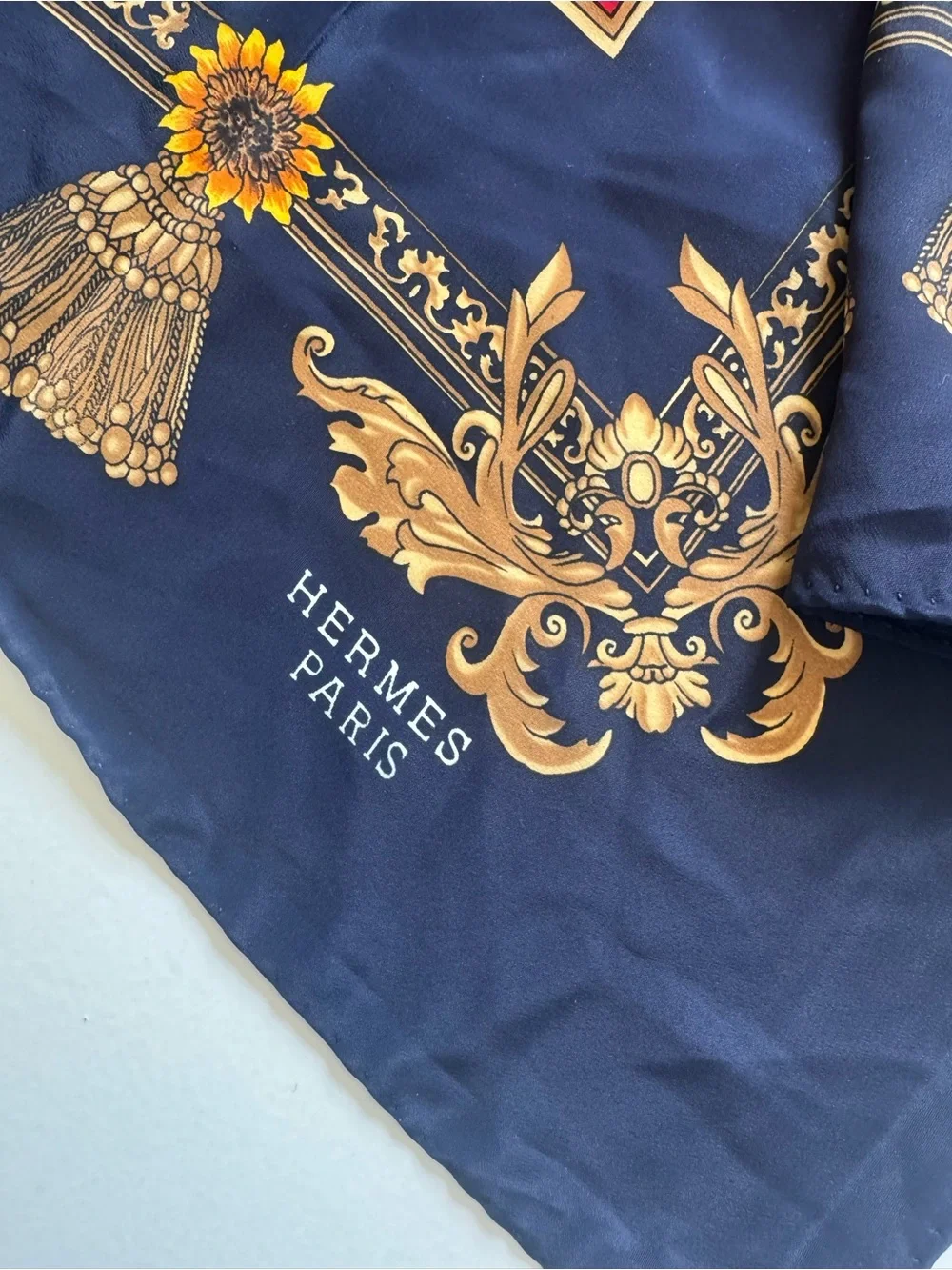 vintage Hermès silk blue,red & gold silk scarf, featuring vibrant 🌻 sunflowers.